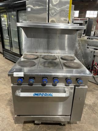 Imperial Commercial Stainless Steel Electric Powered 6 Burner Hot Plate Range/Oven Combo! With Back Splash & Overhead Salamander Shelf! With Wired Oven Rack! - Item #1191702