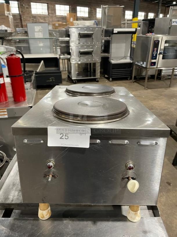 Stainless steel double hot plate cooker with control knobs; item tag reads "25 QTY PCAuctions.com."