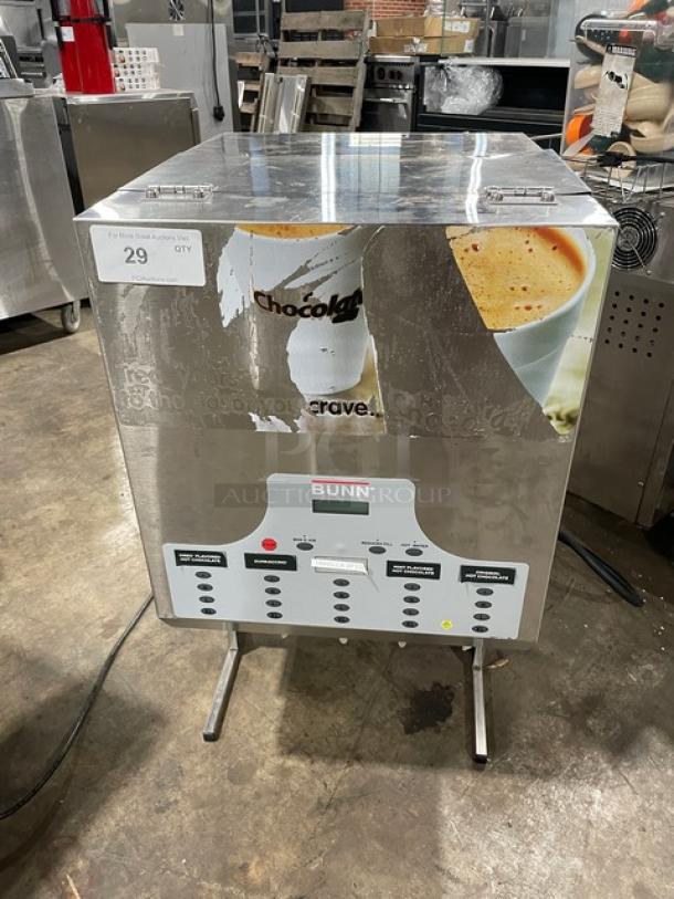 BUNN beverage dispenser, stainless steel, with digital controls and multiple buttons. Visible marking: "Chocolat". Used condition.