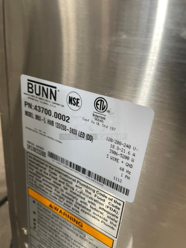 Bunn hot beverage machine, model HWB, part number 43700.0002, 120/208-240V, stainless steel, labels indicate certifications.