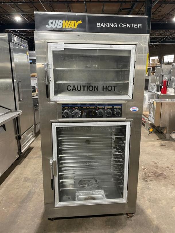 Commercial Subway baking center oven with dual doors, stainless steel, visible control knobs, labeled "Caution Hot."