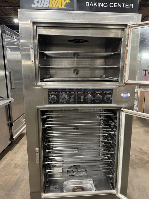 Commercial stainless steel oven labeled "Subway Baking Center," featuring control knobs, dual compartments, and rack spaces.