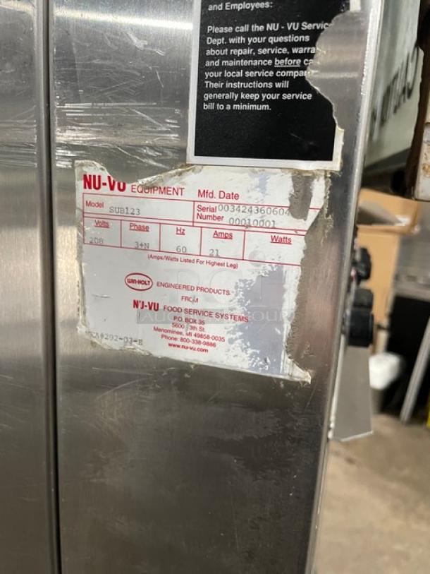 NU-VU oven tag, model SUB123, serial 003424366064, 208 volts, 3-phase, 60 Hz. Used condition.
