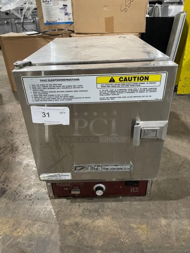 R2 RapidSteam commercial food steamer, stainless steel, caution and cleaning instructions label, fair condition.