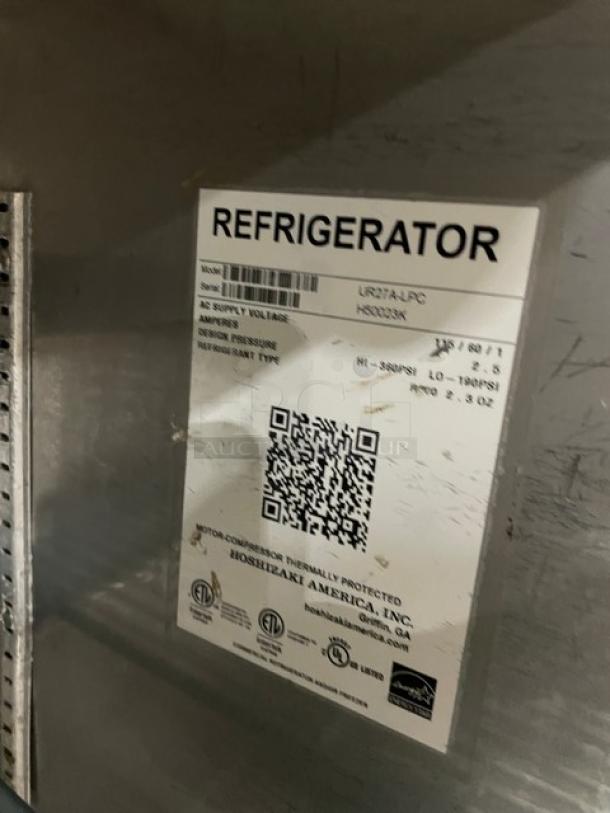 Hoshizaki refrigerator label, model UR27A-LPC, includes specifications like voltage, amperage, and refrigerant type.