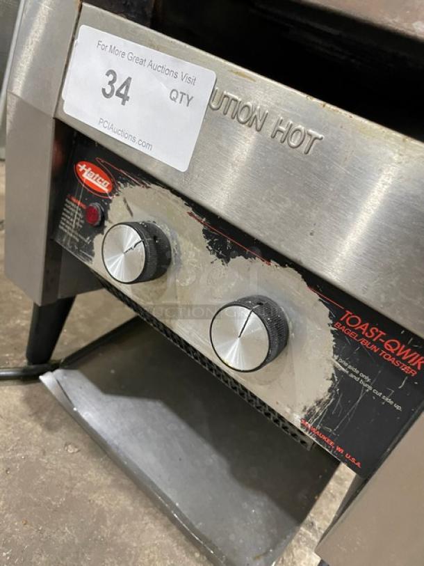 Hatco Toast-Qwik conveyor toaster, stainless steel, dual control knobs, model TQ-10. Used condition, auction lot 34.