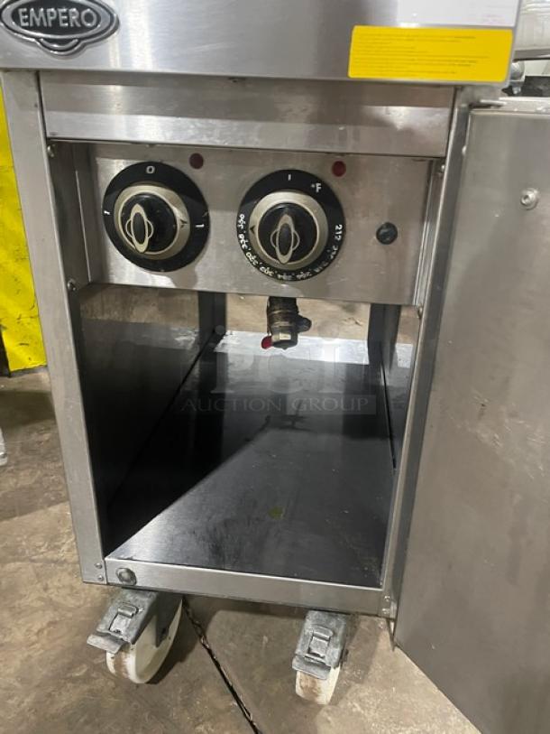 Commercial stainless steel fryer, Empero brand, dual temperature controls, on wheels, good condition, ideal for kitchens.