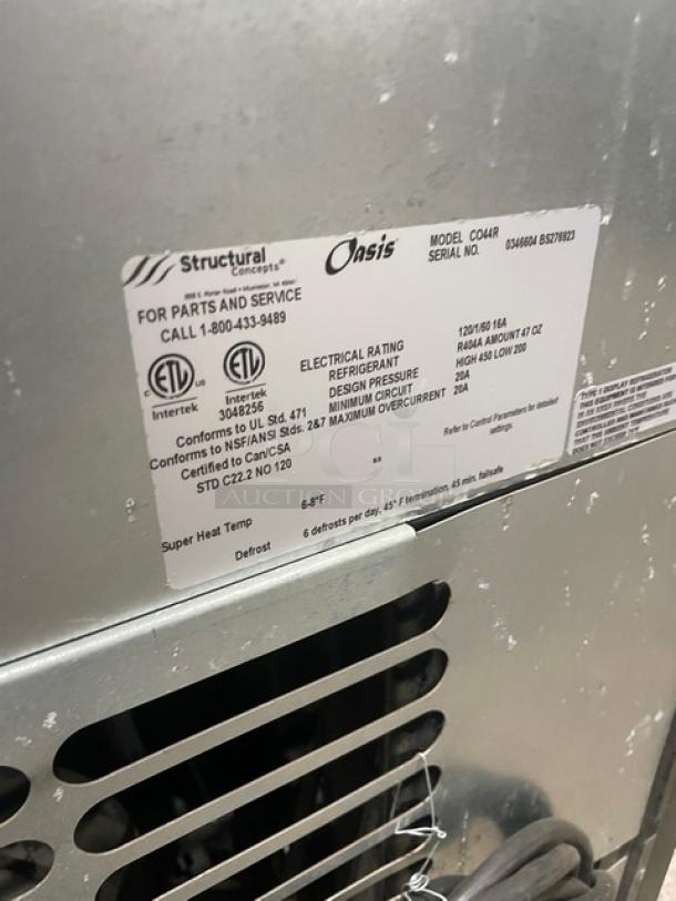 Structural Concepts Oasis cooler, model CO4R, in good condition. Features include electrical rating, refrigerant type, and design pressure.