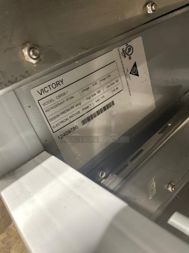 Victory refrigeration unit model VBCF36-16, uses R134A refrigerant, electrical rating 115V, serial number 12409786.