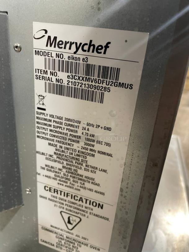 Merrychef eikon e3 label showing model, item, and serial numbers alongside electrical specifications and certification details.