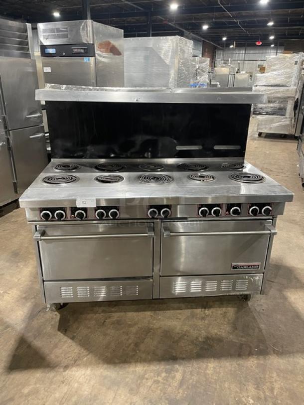 Garland Sentry Series Commercial Stainless Steel Electric Powered 10-Burner Range/Double Oven Combo! With Back Splash & Overhead Salamander Shelf! With Wired Oven Racks! Model: S684 SN: 0404RE0062! 208V 3 Phase! On Casters! - Image 1 of 11