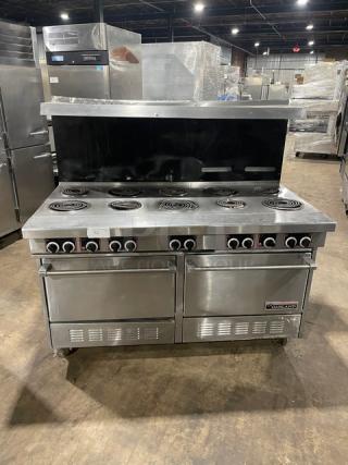 Garland Sentry Series Commercial Stainless Steel Electric Powered 10-Burner Range/Double Oven Combo! With Back Splash & Overhead Salamander Shelf! With Wired Oven Racks! Model: S684 SN: 0404RE0062! 208V 3 Phase! On Casters! - Item #1192469