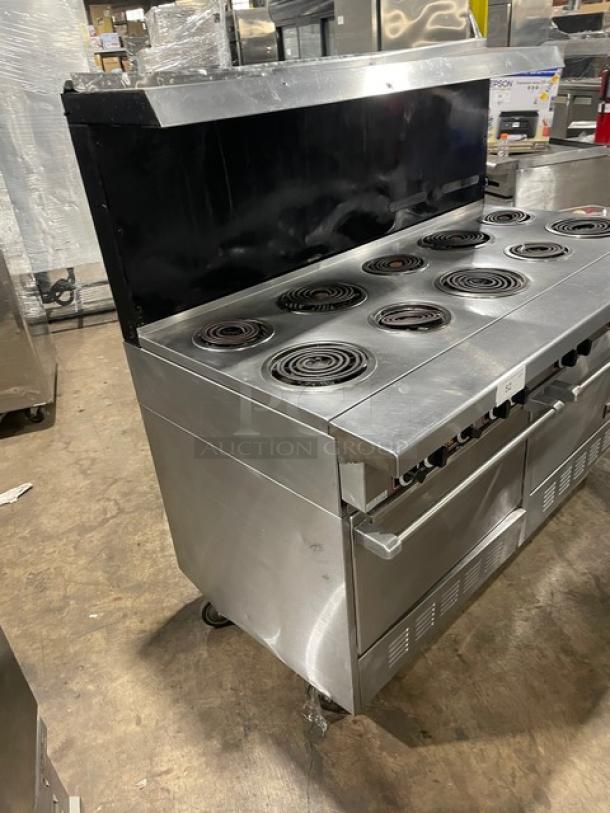 Garland Sentry Series Commercial Stainless Steel Electric Powered 10-Burner Range/Double Oven Combo! With Back Splash & Overhead Salamander Shelf! With Wired Oven Racks! Model: S684 SN: 0404RE0062! 208V 3 Phase! On Casters! - Image 2 of 11