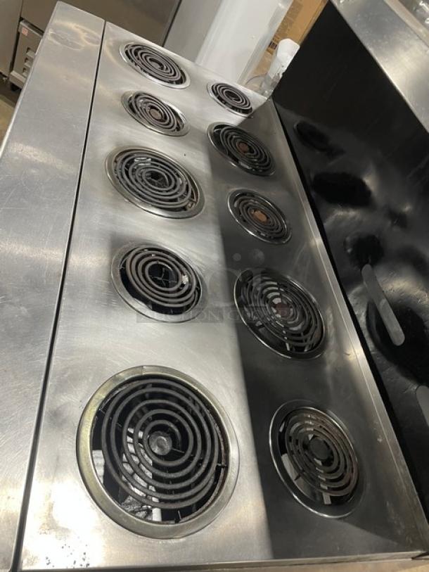 Garland Sentry Series Commercial Stainless Steel Electric Powered 10-Burner Range/Double Oven Combo! With Back Splash & Overhead Salamander Shelf! With Wired Oven Racks! Model: S684 SN: 0404RE0062! 208V 3 Phase! On Casters! - Image 5 of 11
