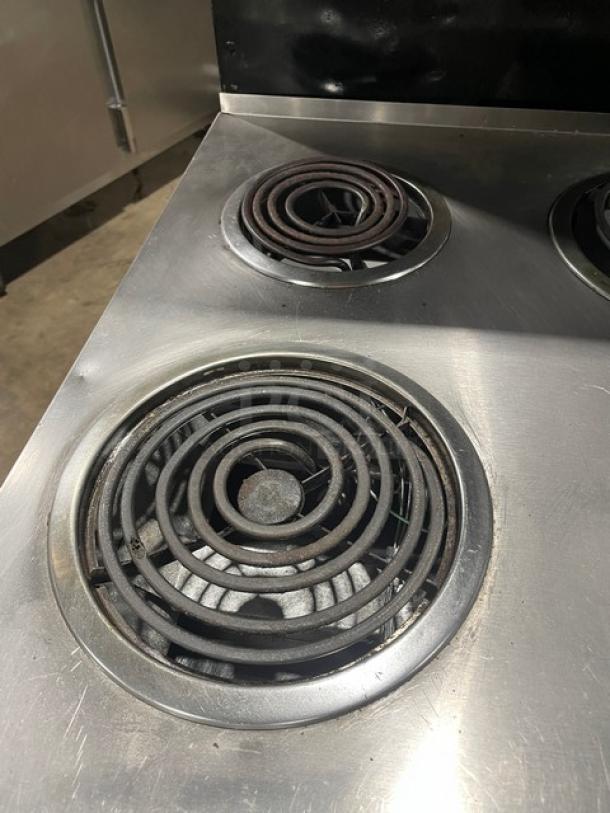 Garland Sentry Series Commercial Stainless Steel Electric Powered 10-Burner Range/Double Oven Combo! With Back Splash & Overhead Salamander Shelf! With Wired Oven Racks! Model: S684 SN: 0404RE0062! 208V 3 Phase! On Casters! - Image 6 of 11