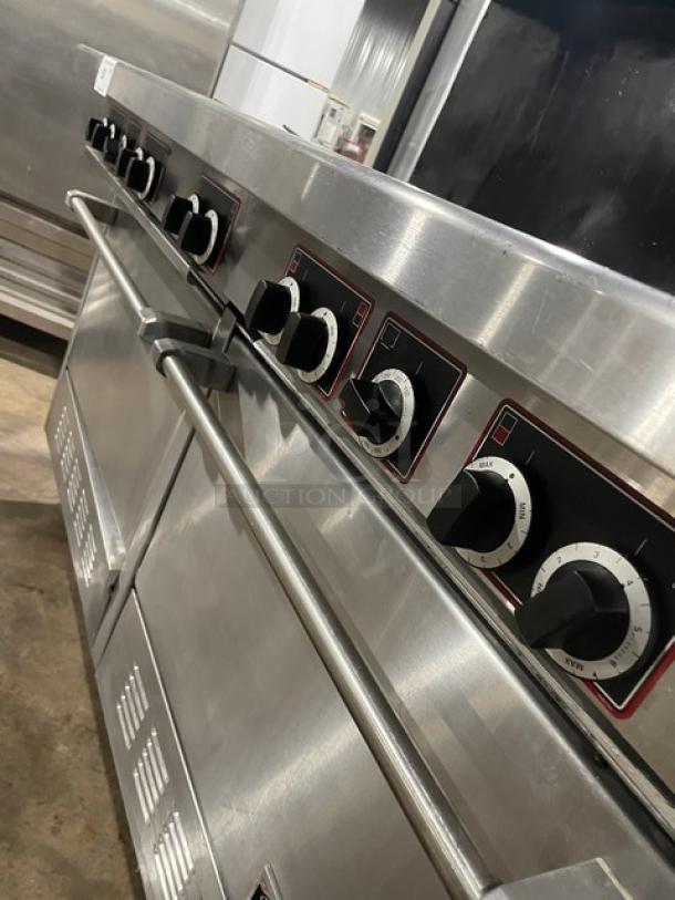 Garland Sentry Series Commercial Stainless Steel Electric Powered 10-Burner Range/Double Oven Combo! With Back Splash & Overhead Salamander Shelf! With Wired Oven Racks! Model: S684 SN: 0404RE0062! 208V 3 Phase! On Casters! - Image 9 of 11