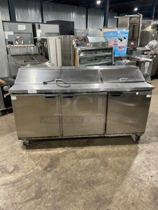 Beverage-Air Elite Series Commercial Stainless Steel 3 Door Refrigerated Bain Marie Style Salad/Sandwich Prep Table! With Poly Coated Wire Racks! Model: SPE72-18 SN: 12103630! 115V 1 Phase! On Casters! - Item #1192480