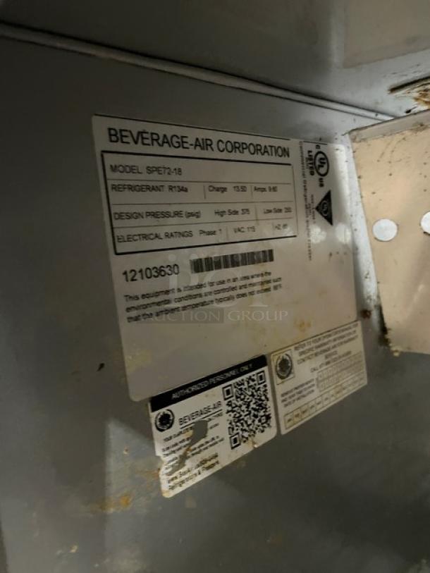 Beverage-Air Corporation label showing model SPE72-18, refrigerant R134a, and electrical ratings. Some wear visible.