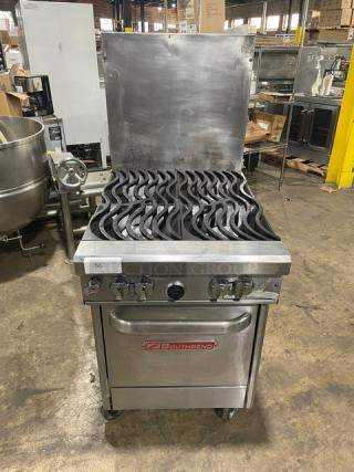 RARE FIND! Southbend! Late Model! Commercial Stainless Steel Natural Gas Powered 4 Burner Range/Oven Combo! With Non-Clog Wavy Grates! With Back Splash! With Wire Oven Rack! Model: 4242E SN: 17C61665! On Casters! WORKING WHEN REMOVED! - Item #1192482