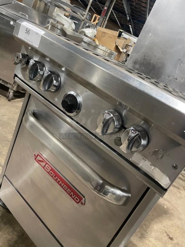 Southbend commercial oven range with four knobs, stainless steel, lightly used. Model label visible.