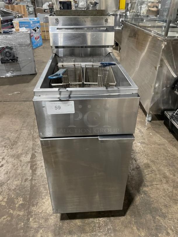 Commercial deep fryer with dual baskets in stainless steel. Features include a temperature control panel. Tag reads "59 QTY".