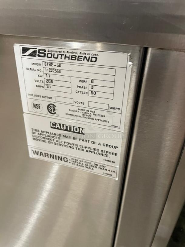 Southbend STE-5D commercial cooking appliance label, model STE-5D, 208 volts, phase 3, made in USA, NSF certified.