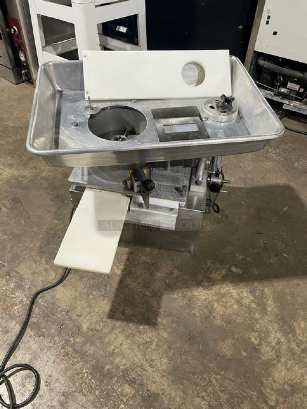Commercial dough divider, stainless steel, used condition, adjustable settings, power cord included, ideal for bakery use.