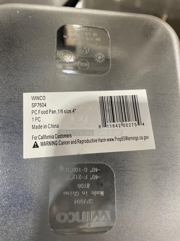 Winco SP7604 PC food pan, 1/6 size, 4-inch depth, new, with barcode and Prop 65 warning label, made in China.