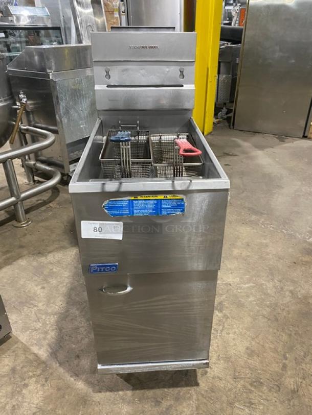 Pitco Commercial Stainless Steel Natural Gas Powered Deep Fat Fryer! With Back Splash & Basket Hanger! With Fry Baskets! On Legs! - Image 1 of 9