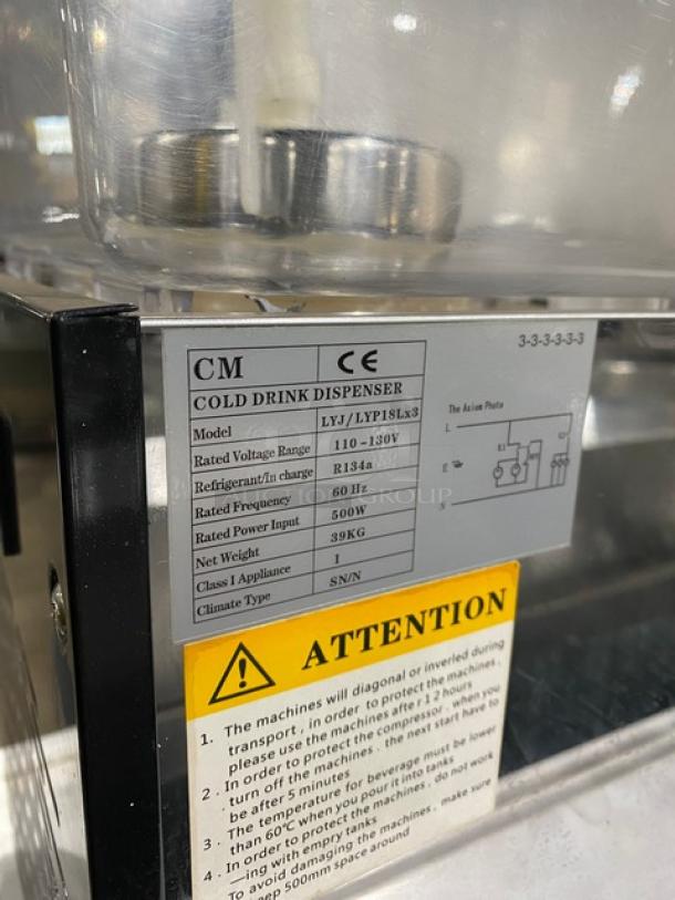 Cecilware Commercial Stainless Steel Electric Powered Countertop Triple Cold Beverage/Juice Dispenser Machine! With Three 18 L. Clear Polycarbonate Hoppers! Model: LYJ/LYP18Lx3! 110-130V! - Image 5 of 9