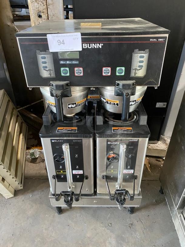 Bunn Dual DBC Series Commercial Stainless Steel Electric Powered Countertop Automatic Coffee Brewer! With Funnels & Bunn Soft Heat Series Portable Servers! Model: DUAL SH DBC SN: DUAL133827! 120/208-240V 1 Phase! On Legs! - Image 1 of 8