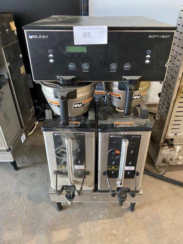 Bunn Soft Heat Series Commercial Stainless Steel Electric Powered Countertop Automatic Coffee Brewer! With Funnels & Bunn Soft Heat Series Portable Servers! Model: DUAL SH DBC SN: DUAL210986! 120/208V 1 Phase! On Legs! - Image 1 of 8