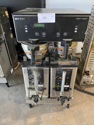 Bunn Soft Heat Series Commercial Stainless Steel Electric Powered Countertop Automatic Coffee Brewer! With Funnels & Bunn Soft Heat Series Portable Servers! Model: DUAL SH DBC SN: DUAL210986! 120/208V 1 Phase! On Legs! - Item #1192855