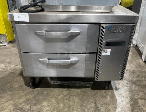 Victory Commercial Stainless Steel 2 Drawer Refrigerated Chef Base, Model CBR36-1, on casters, with visible brand logo and power specs.