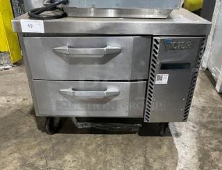 Victory Commercial Stainless Steel 2 Drawer Refrigerated Chef Base, Model CBR36-1, on casters, with visible brand logo and power specs.