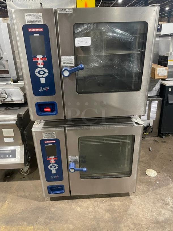 Eloma Genius Series Commercial Stainless Steel Electric Powered Double Stacked Combi Oven! With Digital Controls! With Built In Pan Slides & Wired Racks! On Legs! 2X Your Bid Make One Unit! - Image 1 of 6