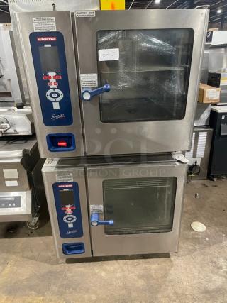 Eloma Genius Series Commercial Stainless Steel Electric Powered Double Stacked Combi Oven! With Digital Controls! With Built In Pan Slides & Wired Racks! On Legs! 2X Your Bid Make One Unit! - Item #1192468