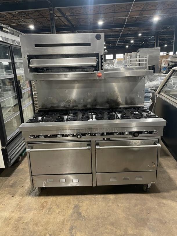 Commercial Stainless Steel Natural Gas Powered 10 Biurner Range/Double Oven Combo! With Back Splash & Overhead Salamander Broiler/Cheese Melter! With Wired Oven Racks! On Casters! - Image 1 of 8