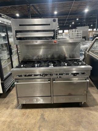 Commercial Stainless Steel Natural Gas Powered 10 Biurner Range/Double Oven Combo! With Back Splash & Overhead Salamander Broiler/Cheese Melter! With Wired Oven Racks! On Casters! - Item #1191511
