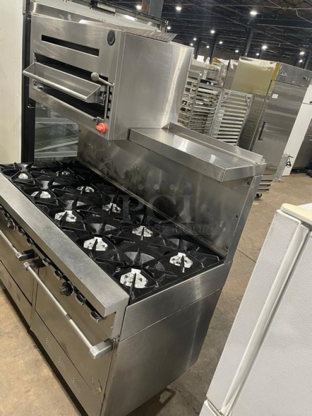 Commercial Stainless Steel Natural Gas Powered 10 Biurner Range/Double Oven Combo! With Back Splash & Overhead Salamander Broiler/Cheese Melter! With Wired Oven Racks! On Casters! - Image 2 of 8