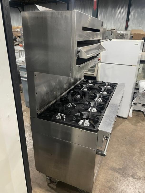 Commercial Stainless Steel Natural Gas Powered 10 Biurner Range/Double Oven Combo! With Back Splash & Overhead Salamander Broiler/Cheese Melter! With Wired Oven Racks! On Casters! - Image 4 of 8