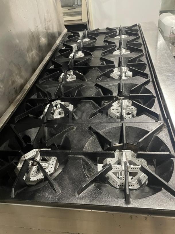 Commercial Stainless Steel Natural Gas Powered 10 Biurner Range/Double Oven Combo! With Back Splash & Overhead Salamander Broiler/Cheese Melter! With Wired Oven Racks! On Casters! - Image 5 of 8