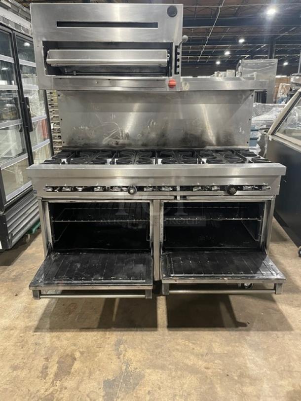 Commercial Stainless Steel Natural Gas Powered 10 Biurner Range/Double Oven Combo! With Back Splash & Overhead Salamander Broiler/Cheese Melter! With Wired Oven Racks! On Casters! - Image 7 of 8