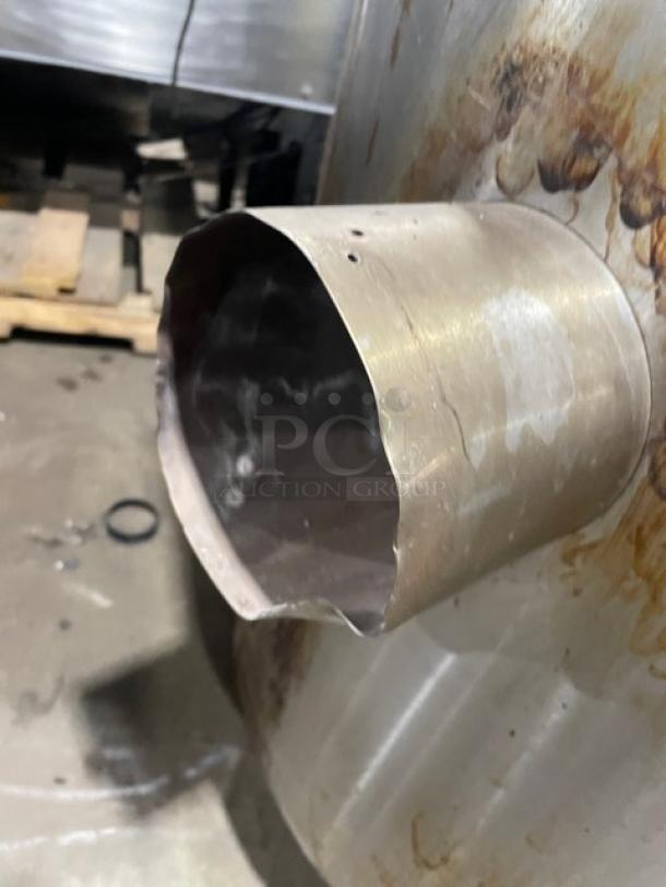 Groen AH140 steam jacketed kettle, stainless steel, natural gas, 40 lb. capacity, on legs, visible wear on surface.