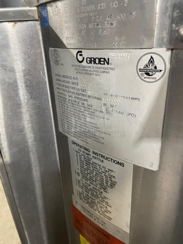Groen AH/1-40 stainless steel stationary steam kettle, natural gas, 115V, with operational labels and markings.