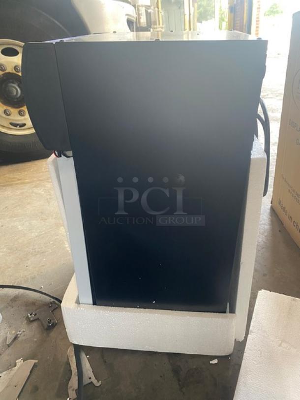 Nordon G-10A countertop merchandiser cooler, black, single glass door, new scratch-n-dent, poly coated wire racks, lock & keys.