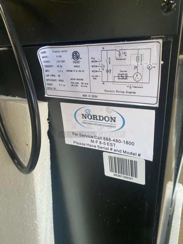 Nordon G-10A display cooler tag with model and serial number details, wiring diagram, and service contact info.