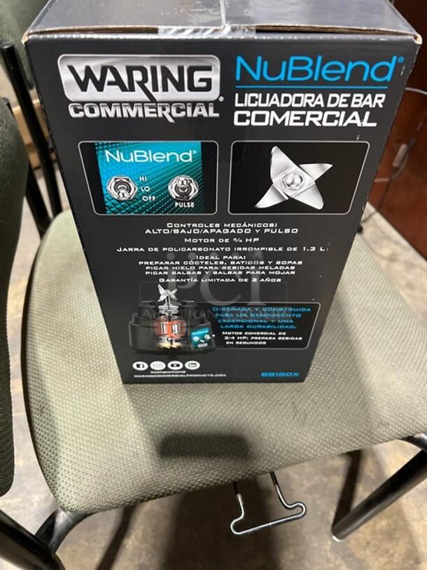 Waring Commercial Blender BB180X, black, with clear polycarbonate pitcher, 120V, 1 phase, new in box with Spanish labels.