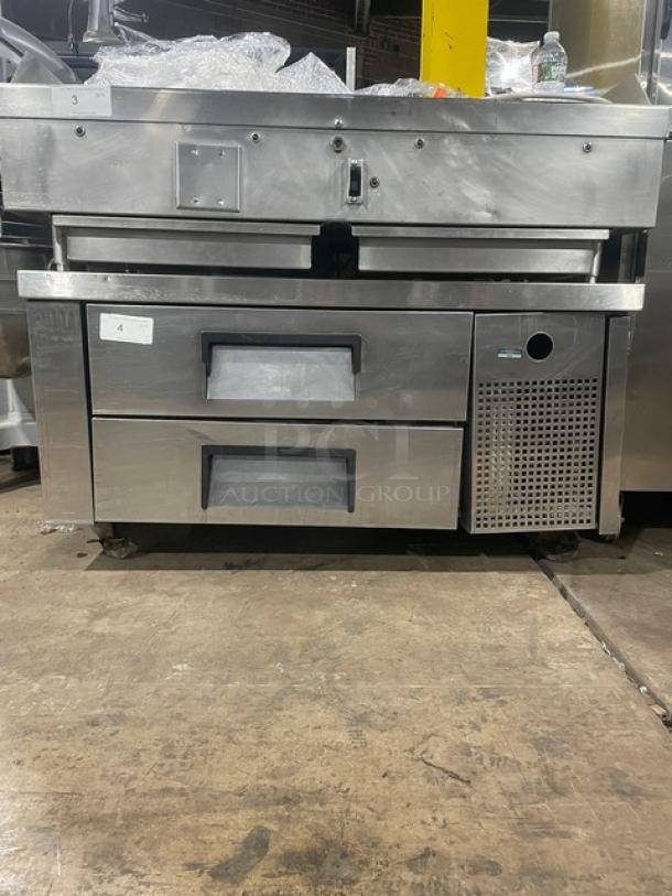 True TRCB-48 stainless steel refrigerated chef base with 2 drawers, on casters. Model SN: 5218286, 115V 1 Phase, commercial use.