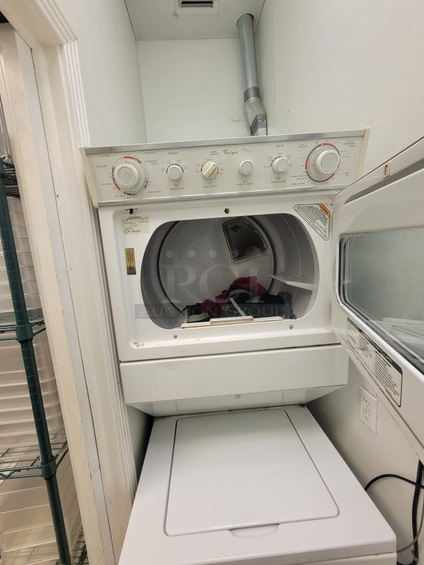Whirlpool Stackable Washer & Dryer Combo + BONUS Cleaning Supplies! Maximize your laundry space and get everything you need to keep your facility sparkling clean! We're offering a reliable Whirlpool Stackable Washer and Dryer Combo, perfect for compact spaces, laundromats, or commercial operations, plus we're including a valuable assortment of cleaning room supplies! *BUYER MUST REMOVE - NO SHIPPING OR HANDLING AVAILABLE* See video link in description below 👇 - Image 2 of 7